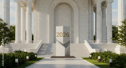Grand 2026 Milestone: Classic Marble Architecture, Pillars, and Golden Year Marker
