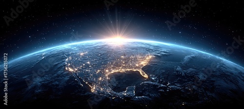 Glowing Earth at Dawn with City Lights Visible From Space Over North America Blue Yellow Orange Glow
