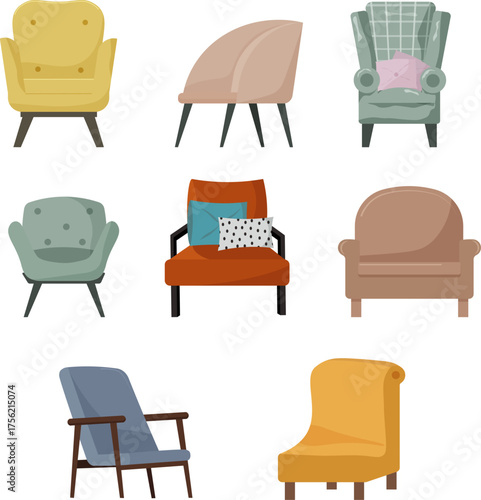 A set of illustrations of various chair options. A collection of comfortable seats for a furniture catalog. Cozy furniture for the home. Vector illustration