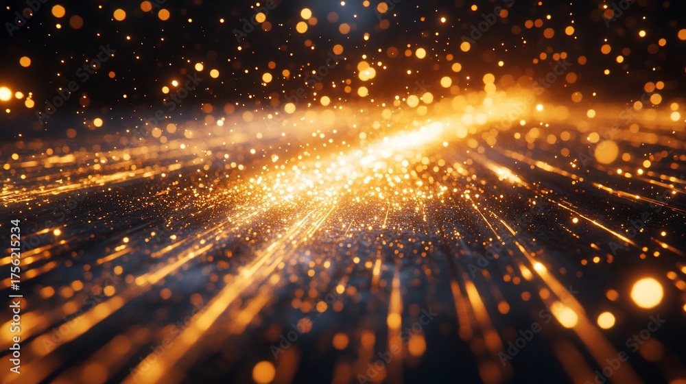 Fototapeta premium Golden particles stream across a dark surface