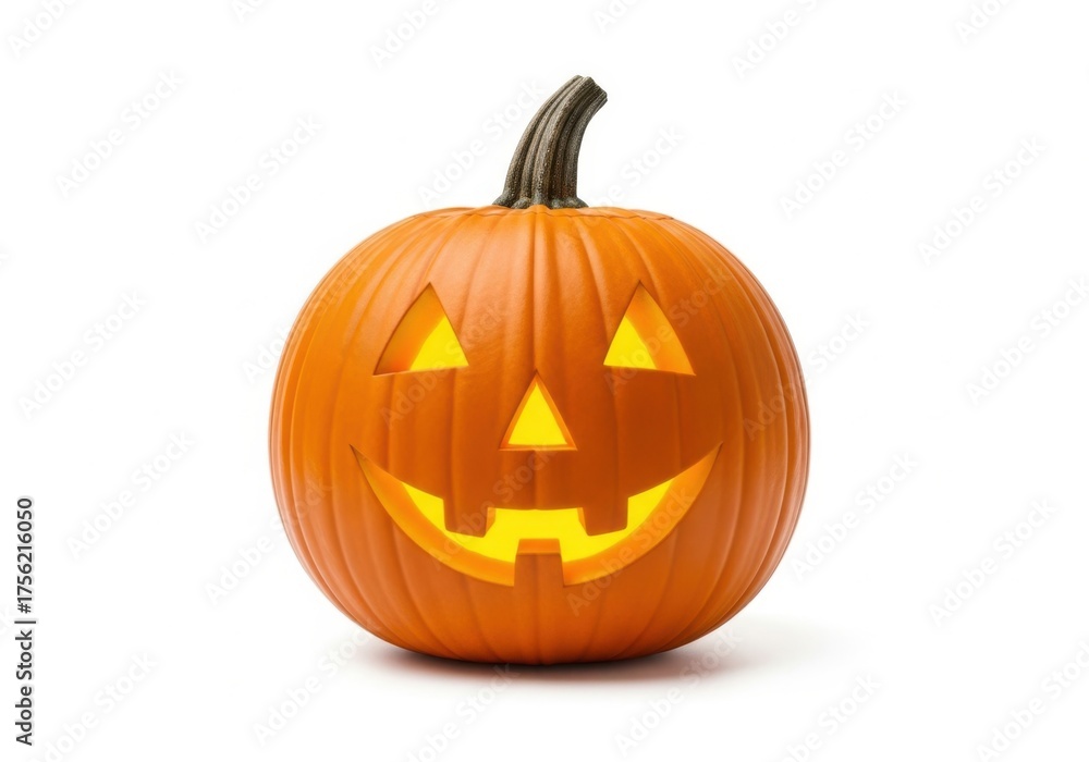 Fototapeta premium Illuminated jackolantern with a happy face, isolated on white background, symbolizing halloween traditions and festive autumn celebrations