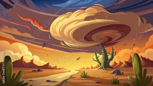 Massive tornado crossing a desert plain, sand swirling in air, orange sky glowing at sunset, lone cactus standing nearby showing scale of power and motion