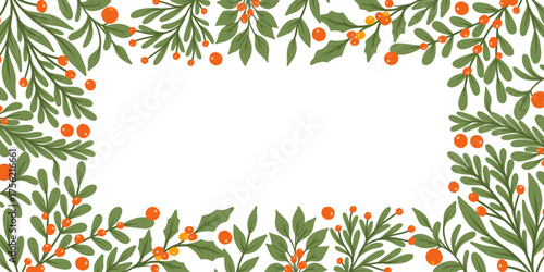 Christmas vector background with green leaves and holly berries. Vector frame for Christmas designs.