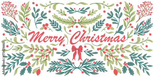 Christmas floral design elements set. Fir branches, leaves, twigs, berries, flowers, and a bow. Christmas decoration in a flat style on a white background.