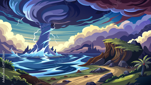 Tornado over coastal area, waves crashing against rocks, dark thunderclouds above ocean, lightning illuminating horizon, rain and mist blending with powerful wind