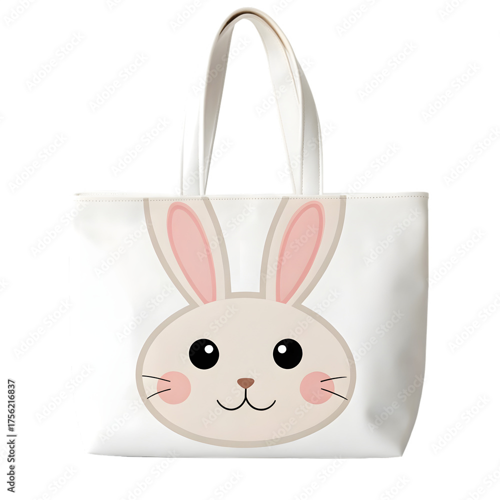 Fototapeta premium White tote bag with a cute bunny face isolated on transparent background