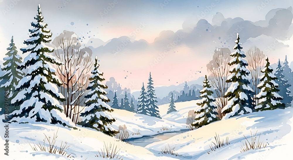 Obraz premium A watercolor painting depicting a winter landscape with snow covered trees and a stream running through it