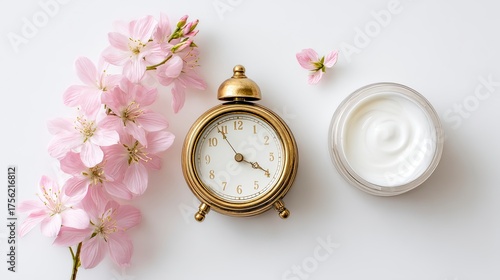 Elegant Gold Alarm Clock Pink Cherry Blossom Flowers and White Cream on White Background