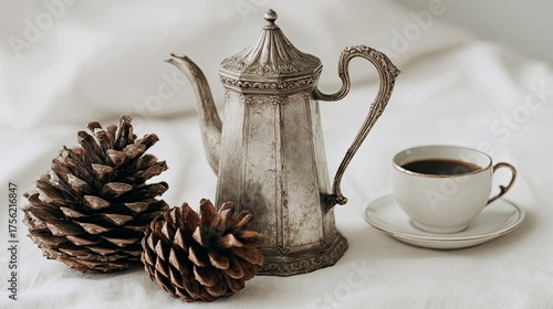 Vintage Silver Teapot with Coffee Cup and Pinecones on White Linen Background