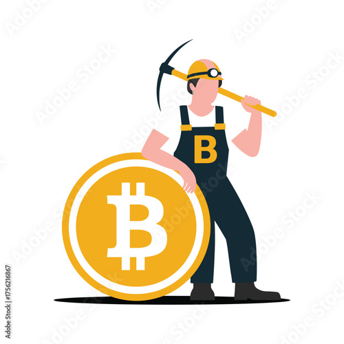 Bitcoin miner with pickaxe and large Bitcoin coin illustration mining cryptocurrency.