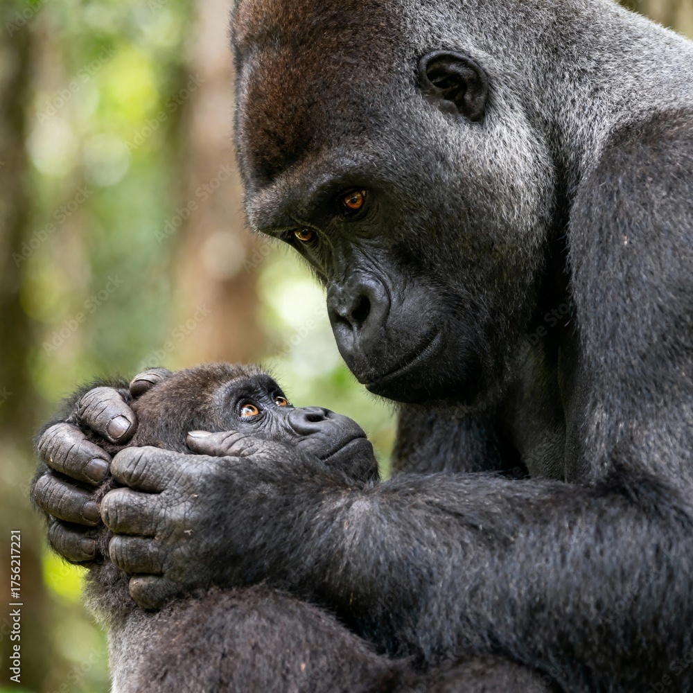 Obraz premium Photograph a silverback grooming a juvenile intense eye contact