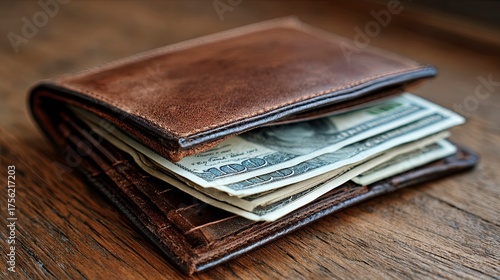 Leather Wallet Open with Cash on Wooden Surface