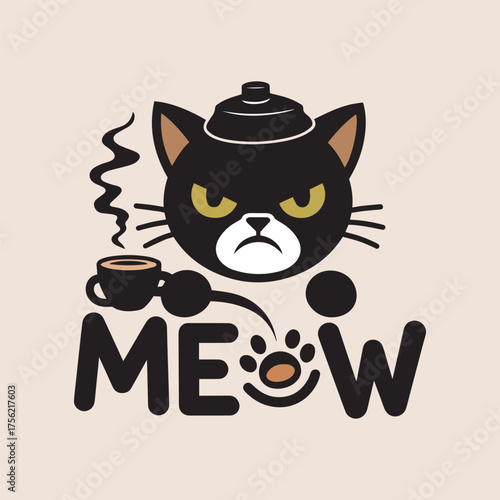 Angry Cat Holding Coffee Cup with Funny Quote “Meow”