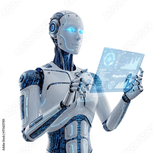 Female Humanoid Robot Holding Holographic Data Screen Representing Future Technology AI Assistance or Advanced Robotics Innovation, png