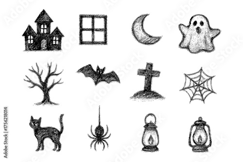 Spooky chalk-drawn icon set featuring halloween symbols and decorations