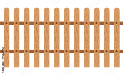 Minimalist wooden picket fence vector with light/dark brown planks, horizontal rail, and simple wood grain. Round holes, plain white background. Flat design, children's illustration style.