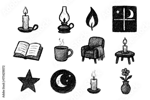 Cozy hand drawn elements: candles, oil lamp, and relaxing home items for a comforting atmosphere