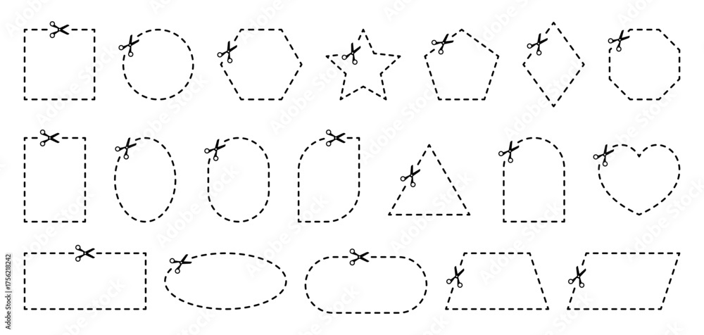 Obraz premium Scissor cut lines for coupon. Dash border for rectangle, circle, and square. Dotted frame with outline.
