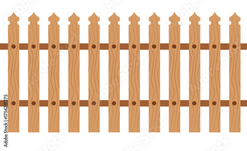 Minimalist wooden picket fence vector with light/dark brown planks, horizontal rail, and simple wood grain. Round holes, plain white background. Flat design, children's illustration style.