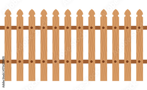 Minimalist wooden picket fence vector with light/dark brown planks, horizontal rail, and simple wood grain. Round holes, plain white background. Flat design, children's illustration style.