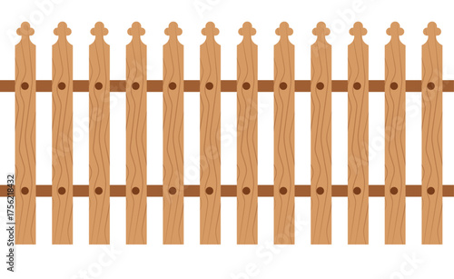 Minimalist wooden picket fence vector with light/dark brown planks, horizontal rail, and simple wood grain. Round holes, plain white background. Flat design, children's illustration style.