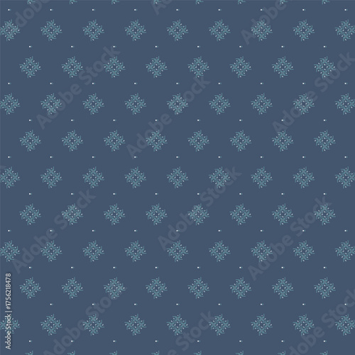 Seamless Winter Snowflake Pattern with Light Blue Motifs on Dark Blue Background – Festive Repeating Design