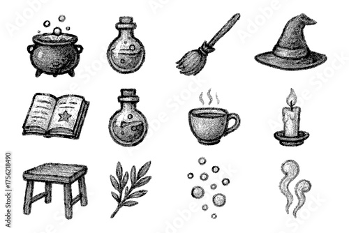 Chalk drawn magical elements: cauldron, potions, witch hat, and more