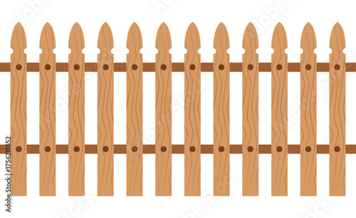 Minimalist wooden picket fence vector with light/dark brown planks, horizontal rail, and simple wood grain. Round holes, plain white background. Flat design, children's illustration style.	