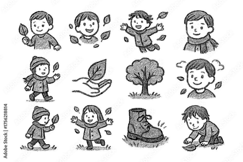 Fototapeta premium Cute autumn kids and nature sketches with leaves and trees in black and white