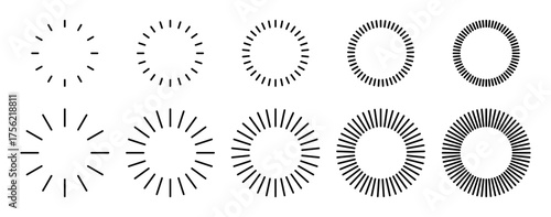 Dash line circle border. Round frame shape and rays. Rings around the perimeter with stripes.