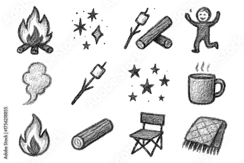 Chalk style campfire elements with marshmallows, stars, smoke, and cozy items for outdoor adventures