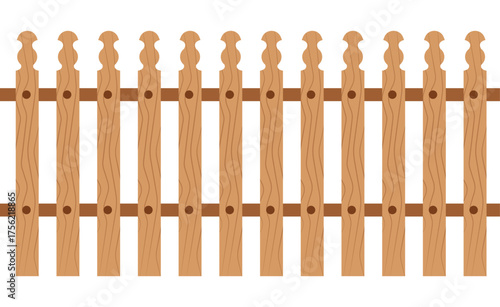 Minimalist wooden picket fence vector with light/dark brown planks, horizontal rail, and simple wood grain. Round holes, plain white background. Flat design, children's illustration style.	