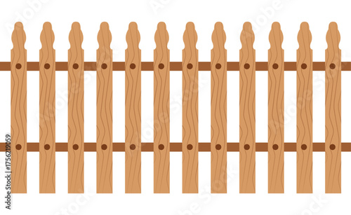 Minimalist wooden picket fence vector with light/dark brown planks, horizontal rail, and simple wood grain. Round holes, plain white background. Flat design, children's illustration style.	