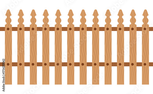 Minimalist wooden picket fence vector with light/dark brown planks, horizontal rail, and simple wood grain. Round holes, plain white background. Flat design, children's illustration style.	