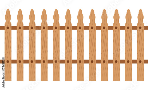 Minimalist wooden picket fence vector with light/dark brown planks, horizontal rail, and simple wood grain. Round holes, plain white background. Flat design, children's illustration style.	