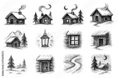Chalk-style winter cabins and landscapes with snowy scenes and forest elements