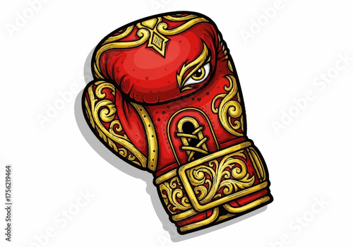 Ornate Red Boxing Glove with Golden Embellishments and Fierce Eye Design.