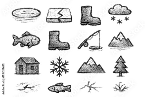 Chalk winter icons set featuring boots, snowflakes, fish, mountains, and trees