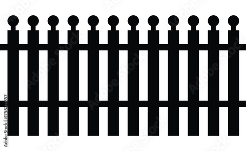 Solid black vector silhouette of a picket fence with decorative, pointed tops. Continuous border representing a boundary, barrier, or property line. Minimalist, flat graphic isolated on white.