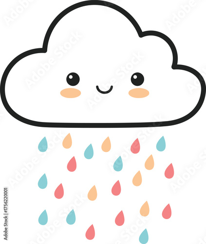 Adorable cartoon cloud raining colorful droplets on a white background cute kawaii