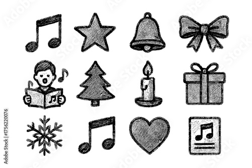 Chalk style christmas icons featuring music, holiday decorations, and festive symbols