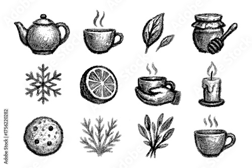 Chalk style cozy tea set with teapot, cup, and herbal elements