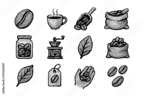Chalk style coffee icons: beans, leaves, grinder, cup, bag, and label