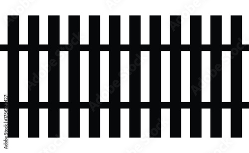  Solid black vector silhouette of a picket fence with decorative, pointed tops. Continuous border representing a boundary, barrier, or property line. Minimalist, flat graphic isolated on white.