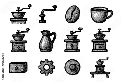 Hand drawn coffee essentials featuring grinders, cups, and beans in chalk style
