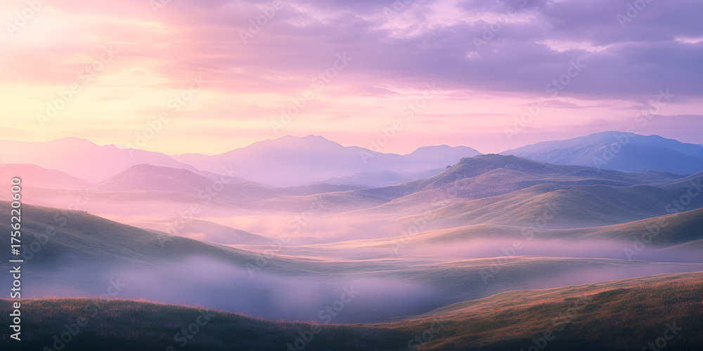 Fototapeta premium Peaceful Dawn in the Hills, Serene Morning in the Hills, Early Dawn Over the Mountains, Misty Sunrise in the Hills, Tranquil Hillside at Dawn, Foggy Hills at First Light, Golden Hour on Rolling Hills,