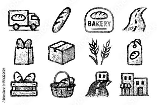 Chalk style bakery icons featuring bread, delivery, and storefront elements