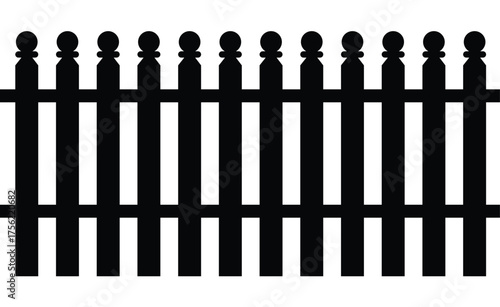  Solid black vector silhouette of a picket fence with decorative, pointed tops. Continuous border representing a boundary, barrier, or property line. Minimalist, flat graphic isolated on white.