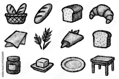 Rustic chalkboard bakery icons featuring bread and pastry elements