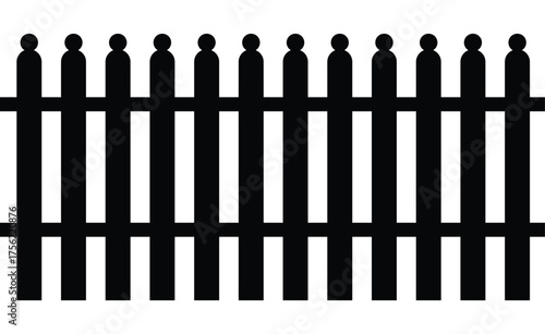  Solid black vector silhouette of a picket fence with decorative, pointed tops. Continuous border representing a boundary, barrier, or property line. Minimalist, flat graphic isolated on white.